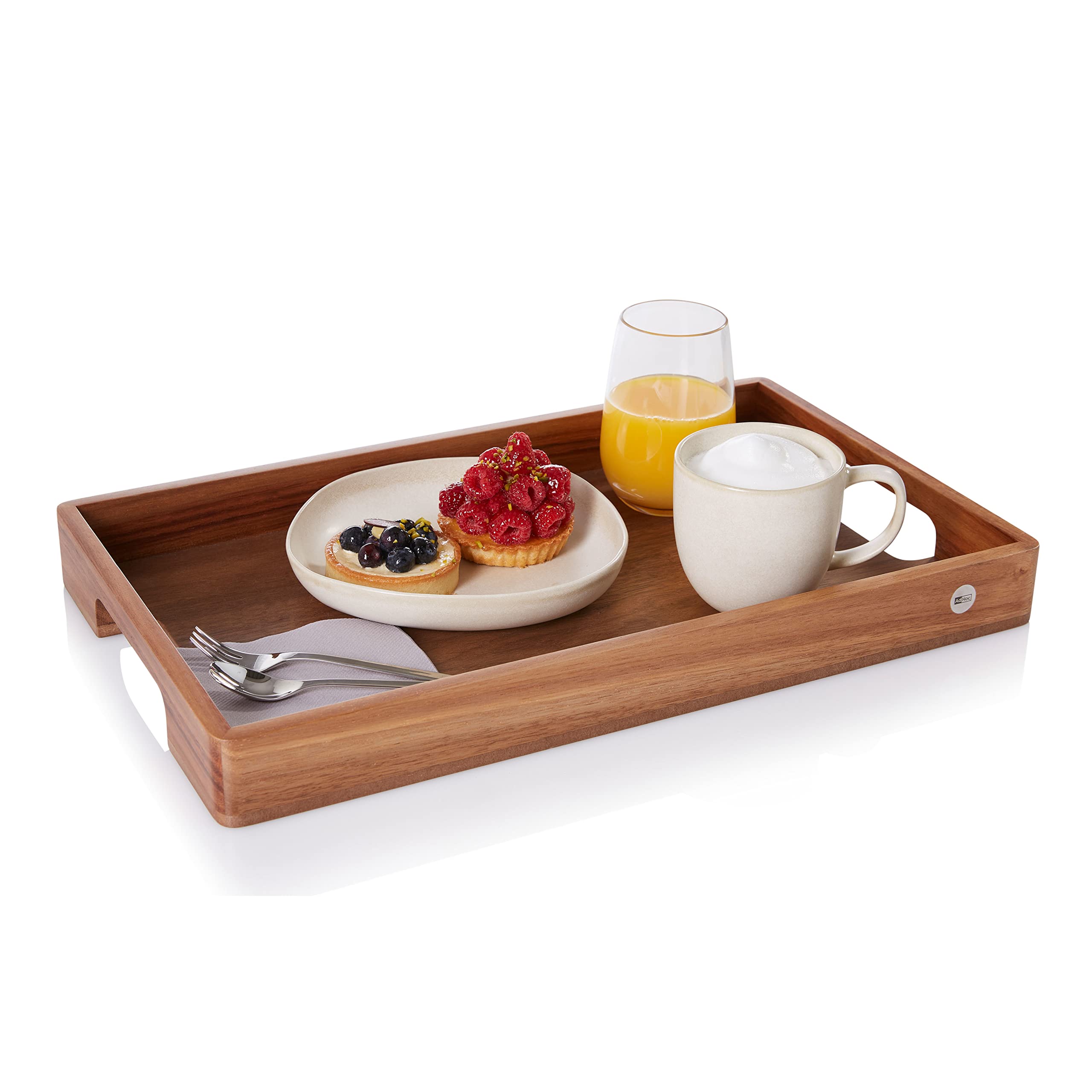 AdHoc Serve Smart Holztablett mit Griff, Serviertablett | Großes Tablett aus Akazienholz mit walnussfurniertem Boden, 56 × 30 cm