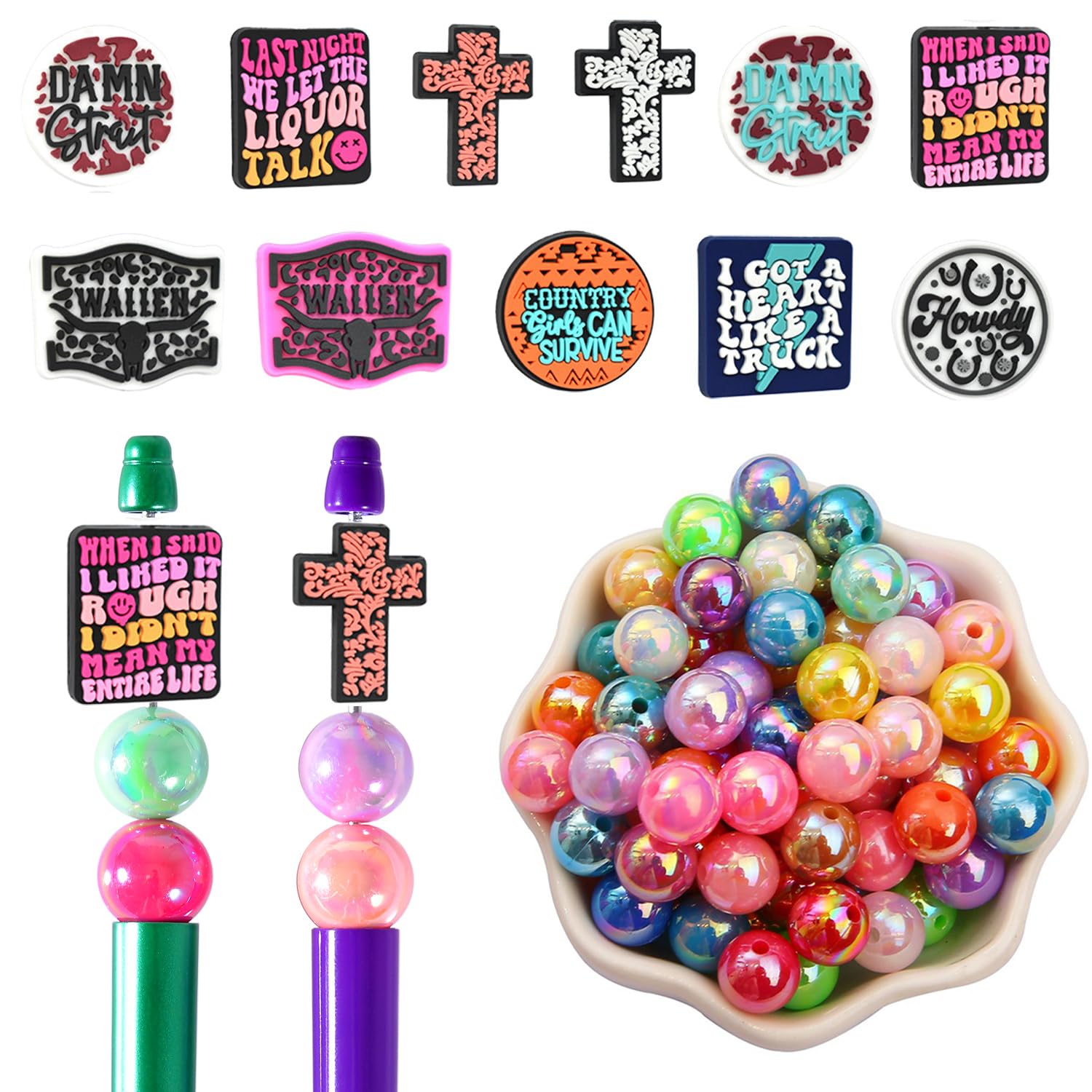 16mm Acrylic Beads for Pens 51PCs & Silicone Focal Office Beads for Beadable Pens, Large Ball Pen Beads for DIY Pens Keychain Crafts (Office Theme