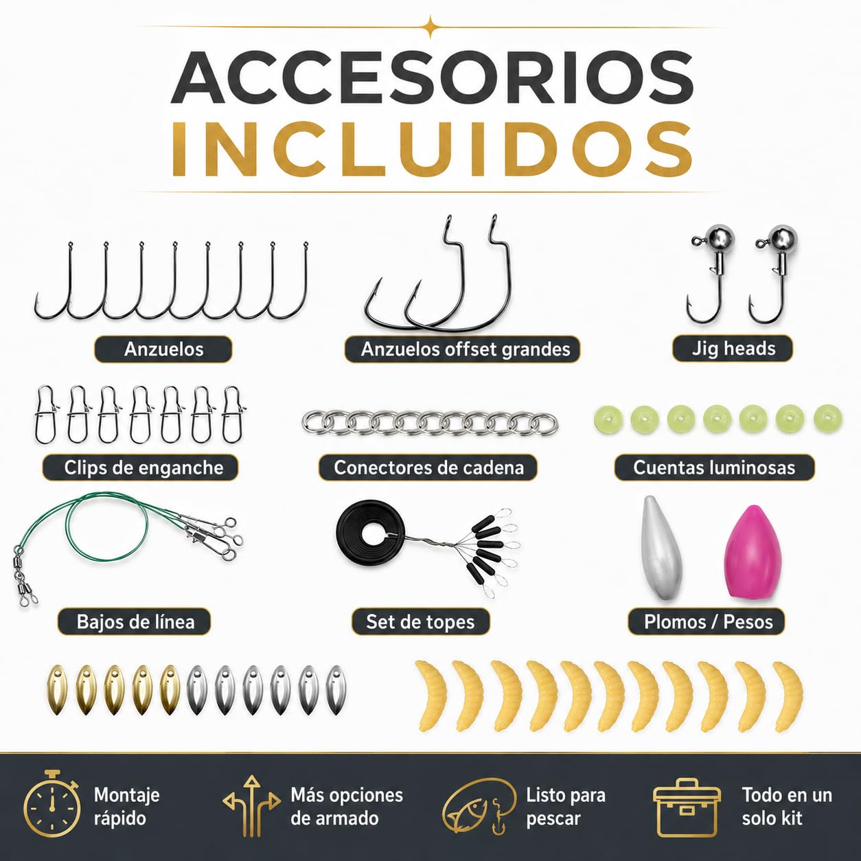 Kit de Señuelos de Pesca Spinning - Caja de Aparejos Completa con Cebos Artificiales Mixtos: Minnow, Saltamontes, Vinilos, Cucharillas y Anzuelos - Equipo de Pesca para Mar y Río (Black Ba — view 5