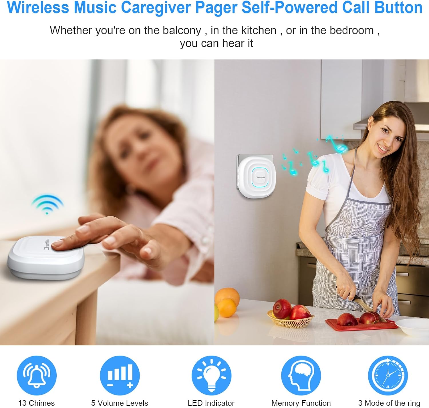 ChunHee Smart Wireless Caregiver Pager Self-Powered Call Button Medical Alert System Call Bell 500+ Feet for Home/Elderly/Patient/Disabled 1 Plugin Receiver 1