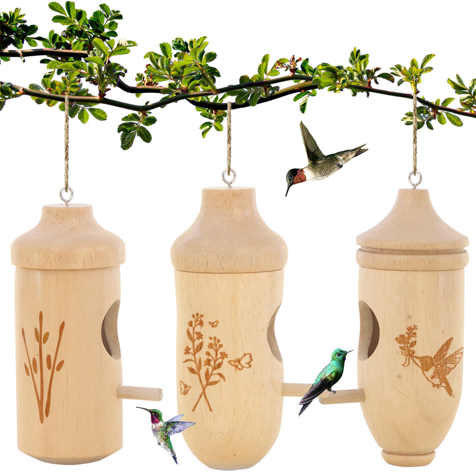 Hummingbird House - Natural Wooden Hummingbird Nesting Houses for Gardening Gifts, Christmas Home Decoration 3 Packs