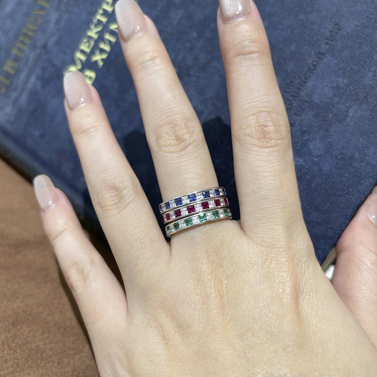 Anillo de boda de oro blanco, media eternidad, piedras preciosas, anillos de boda de oro real para mujer