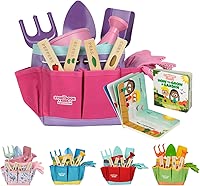 Pink Kids Gardening Tools - includes Sturdy Tote Bag, Watering Can, Gloves, Shovels, Garden Stakes, and a Delightful Children's Book 