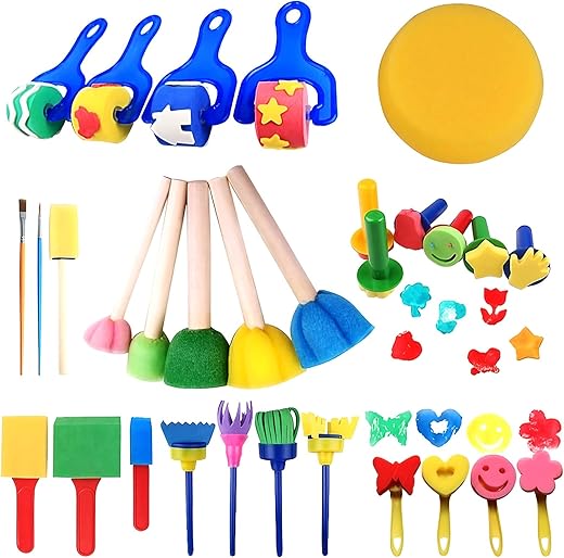 Schwamm Malerei Pinsel Set,30 Stücke Kinder Schwammpinsel Malwerkzeuge,Kinder Malwerkzeuge Set DIY-Handmalerei-Werkzeuge Schwammbürste Werkzeug für Kinder Kunsthandwerk