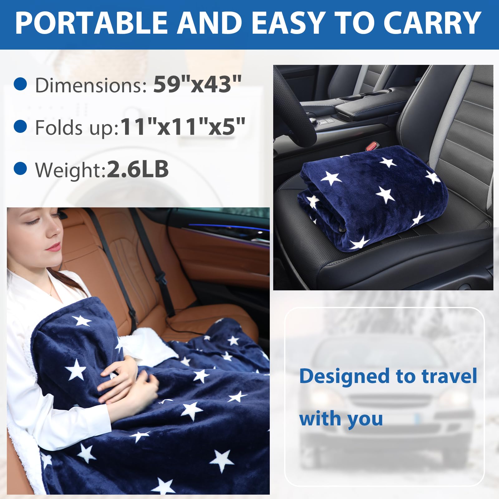 Klaggie Car Heated Blanket - 12-Volt Portable Blanket for Car, Truck, SUV, RV - Soft Flannel and Sherpa - Travel Size 59" x 43"