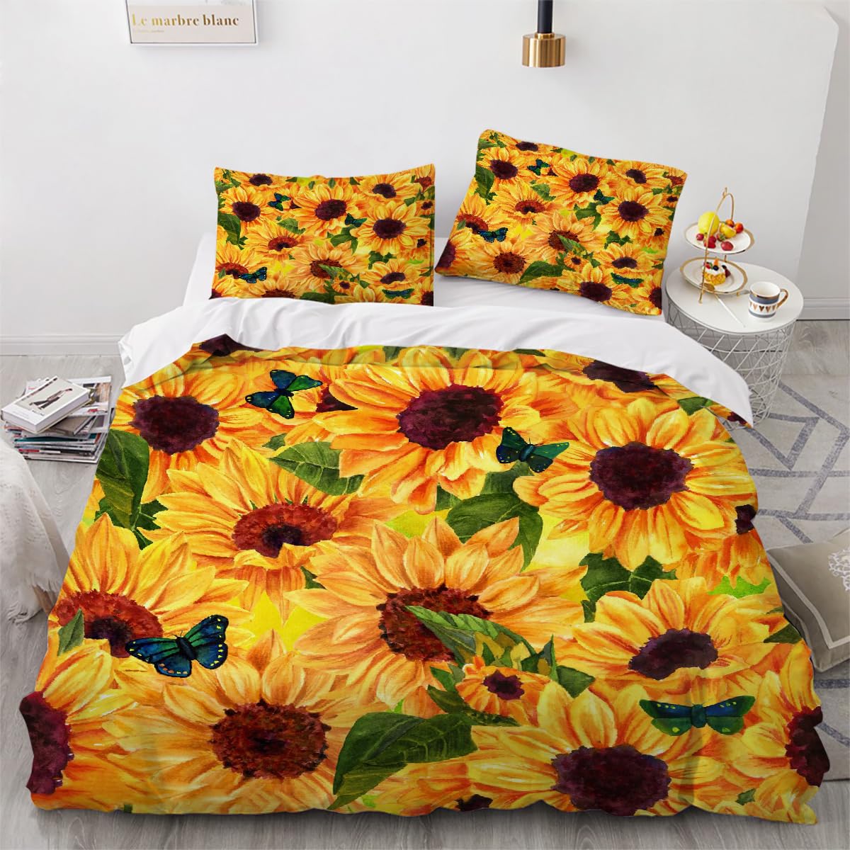 Parure de lit 220x240 tournesol 3D en microfibre avec 2 taies