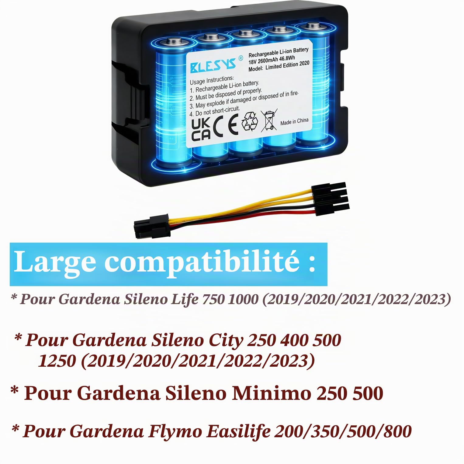 BLESYS Batterie pour Gardena Sileno Life 750 1000 (2019/2020/2021/2022/2023)