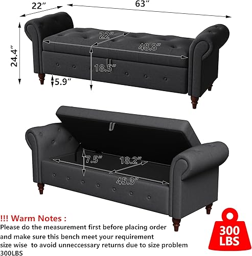 Miniatura 27 de Aoowow Banco de almacenamiento de 63 pulgadas para dormitorio, extremo de la cama, sofá otomano enrollado de tela de terciopelo armado, banco largo