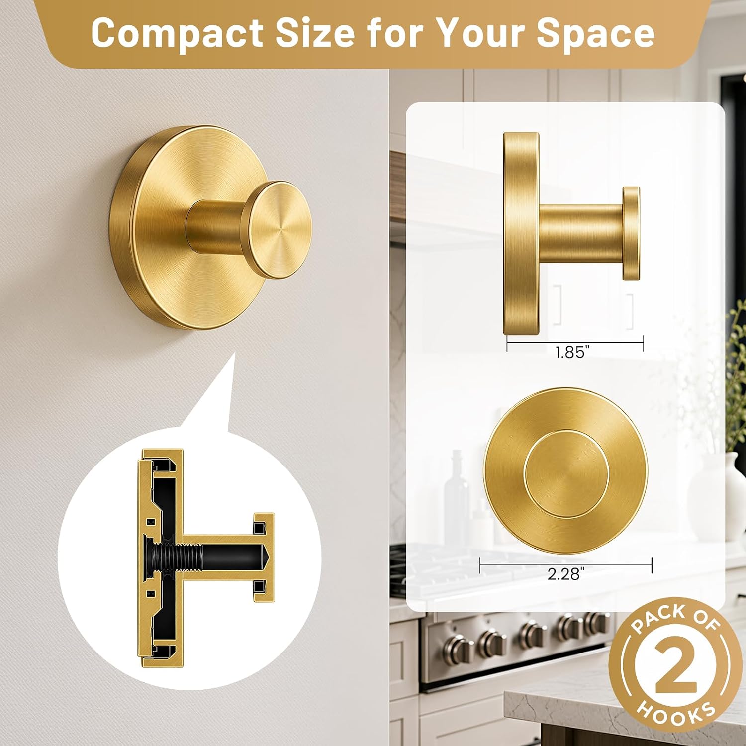 Upgraded Suction Cup Hooks for Shower, No-Drill Bathroom Hooks for Hanging Towels, Robes & Loofah - Mount on Kitchen Walls, Window, Glass, Mirror, Tile & Smooth Surfaces (2 Pack, Gold Tone)