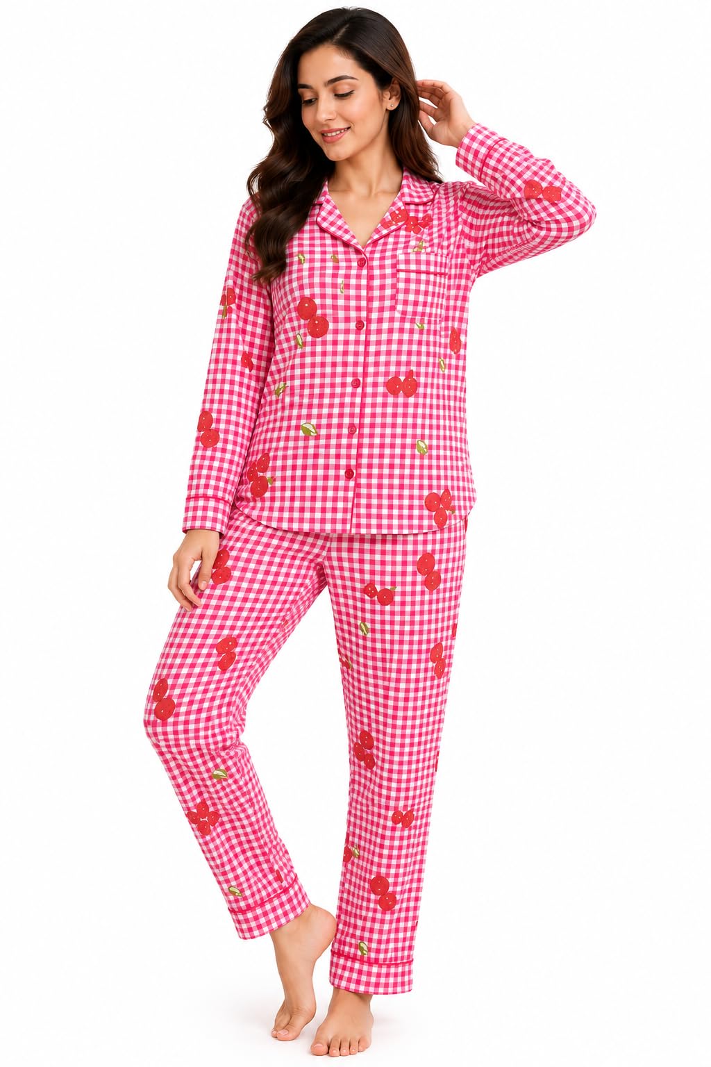 Nightwell Women's Pink Gingham Cherry Print Pyjama Set-picture-54