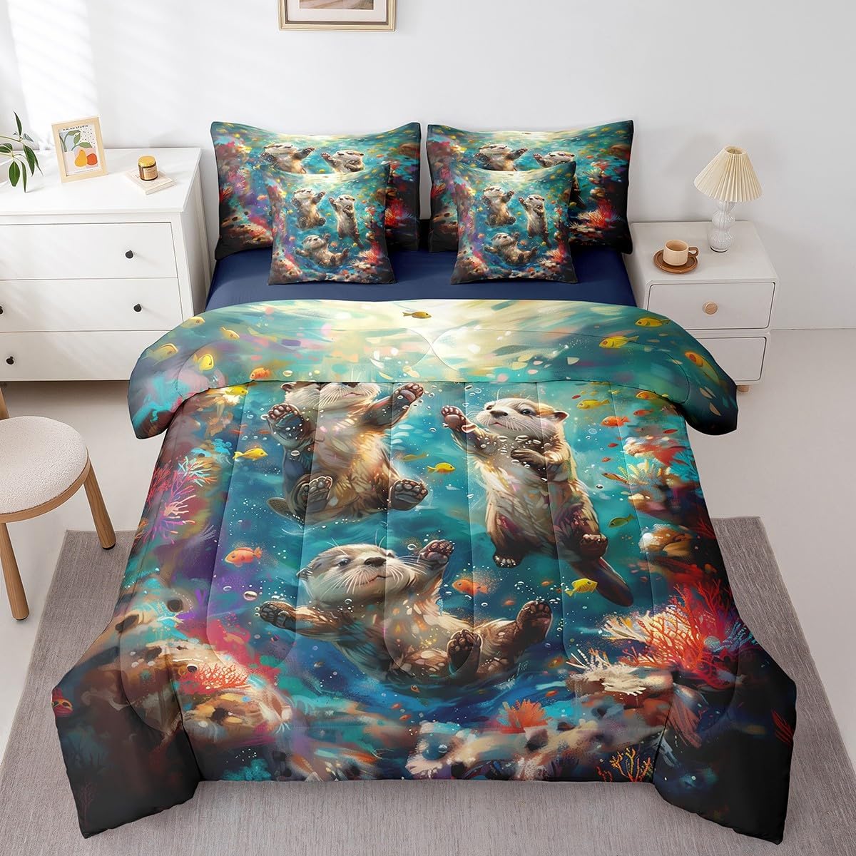 Kawaii Otter Bedding Set,Undersea Coral Seaweed Queen Comforter Set with Sheets for Kids Boys Girls Teens Room Decor,Funny Cute Animal Bed in a Bag 7 Piece for Bedroom Living Room