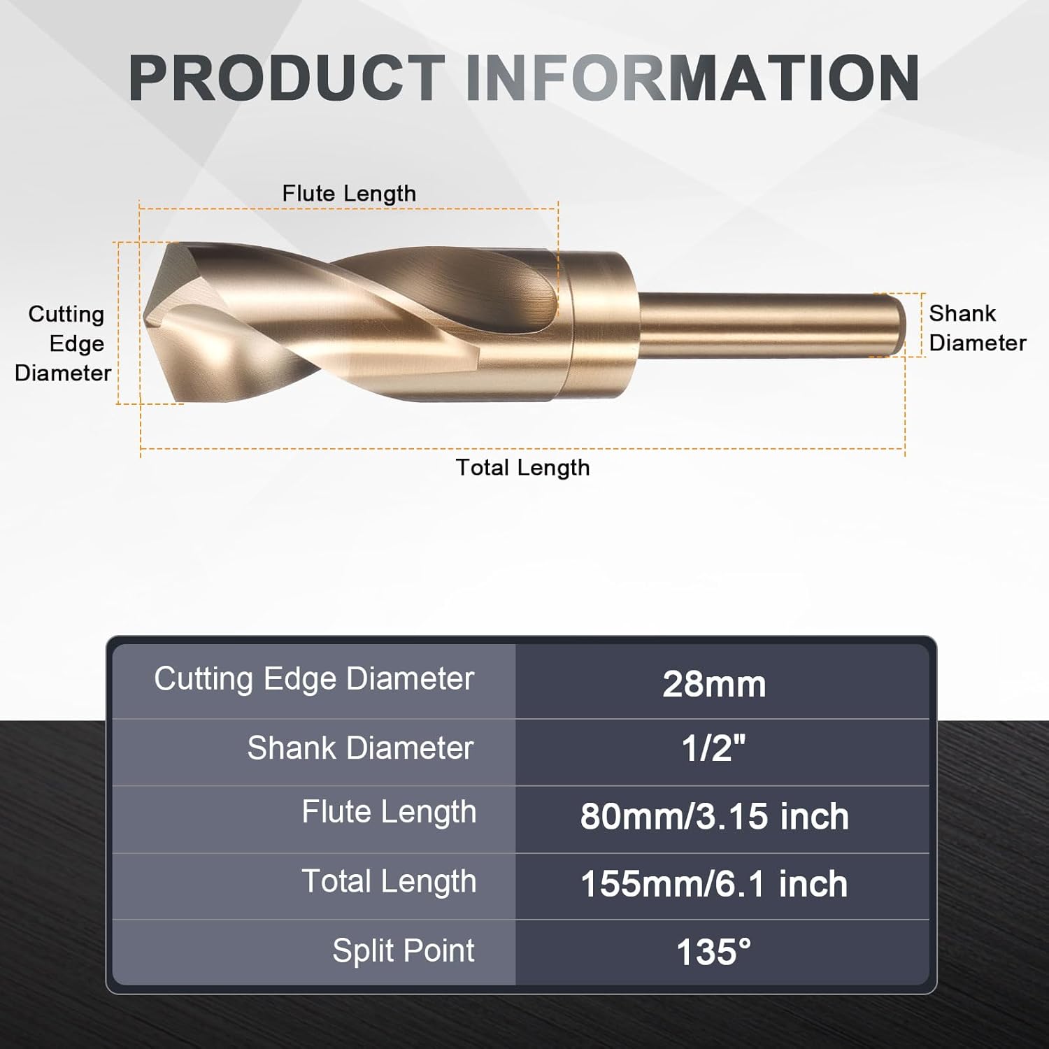 uxcell 28mm Drill Bit 1/2" Reduced Shank Round M2 High-Speed Steel Twist Gold Finish 135° Bits for Hard Metal Stainless Steel