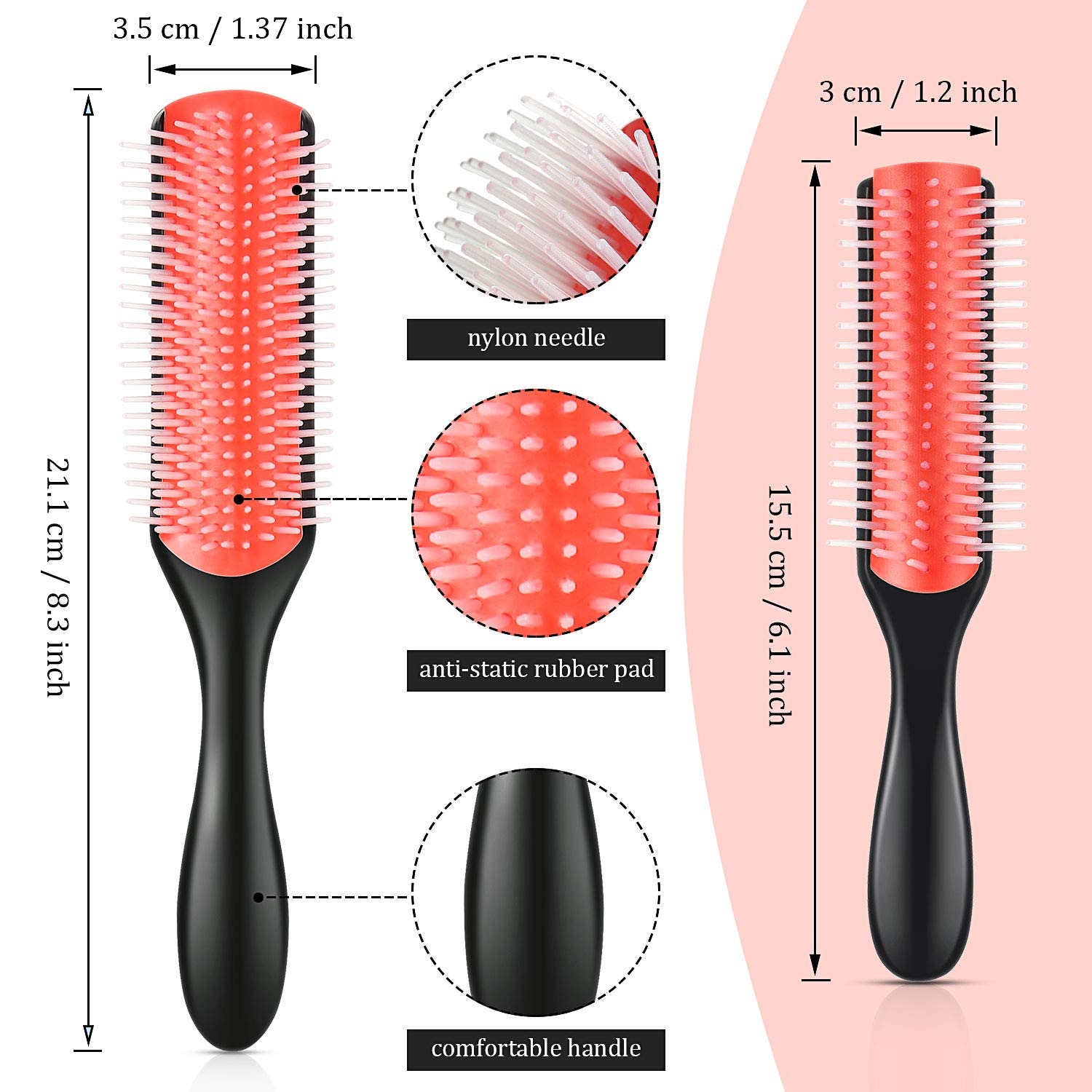 4 Pieces Row Styling Brush Set, Include 2 Pieces Large 9-Row Cushion Nylon Bristle and 2 Pieces Small 5 Row Styling Brush Removable Classic Styling Brush Curly Hair Brush