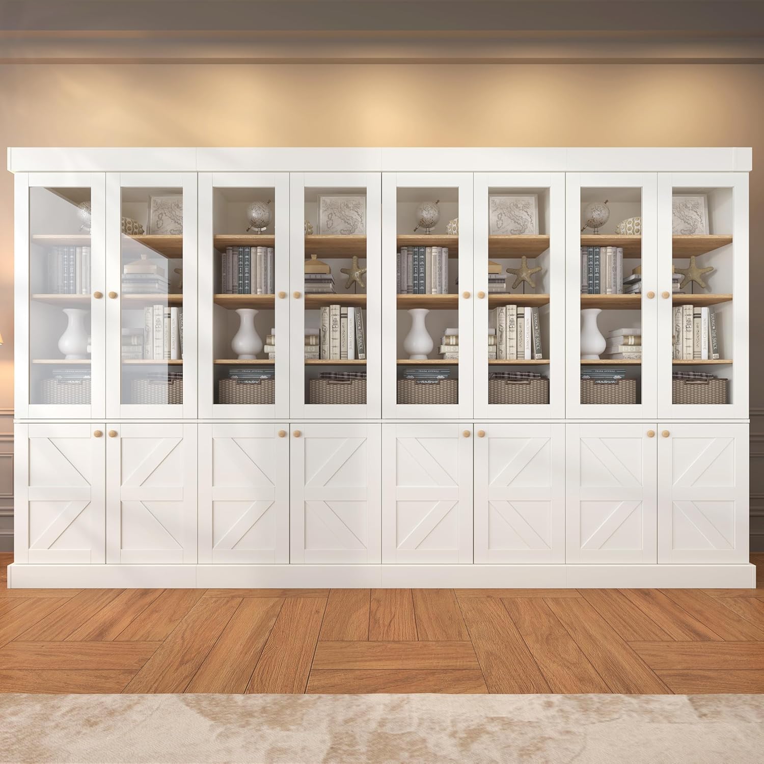 ivaniti 71" Tall Farmhouse Bookshelves with Glass Doors, Large Bookcase with Adjustable Shelves, Wooden Storage Cabinet for Living Room, Kitchen, Dining Room, White Set of 4