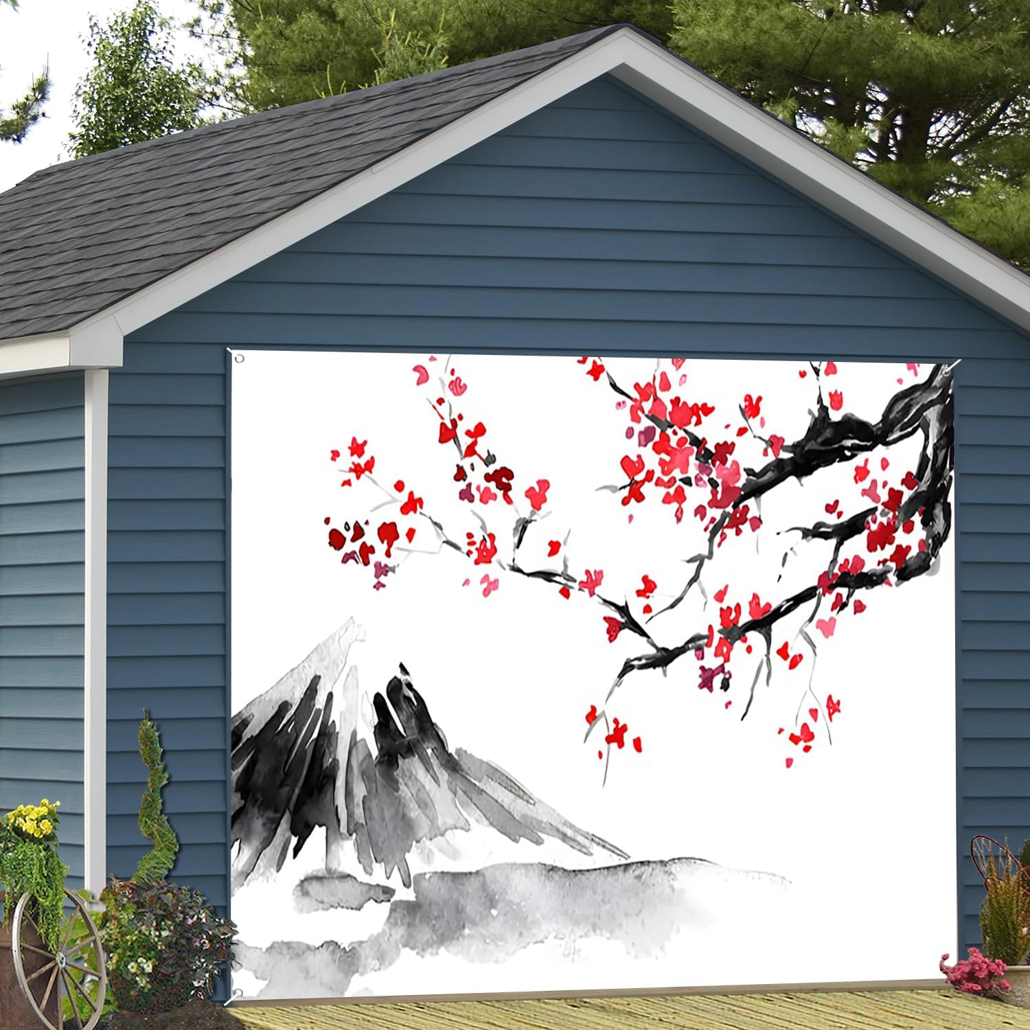 7x8ft Japanese Ink Painting Garage Door Decor Red Abstract Plum Blossom Branches Mountain Traditional Abstract Garage Door Background for Asian Japan Themed Decorative Banner