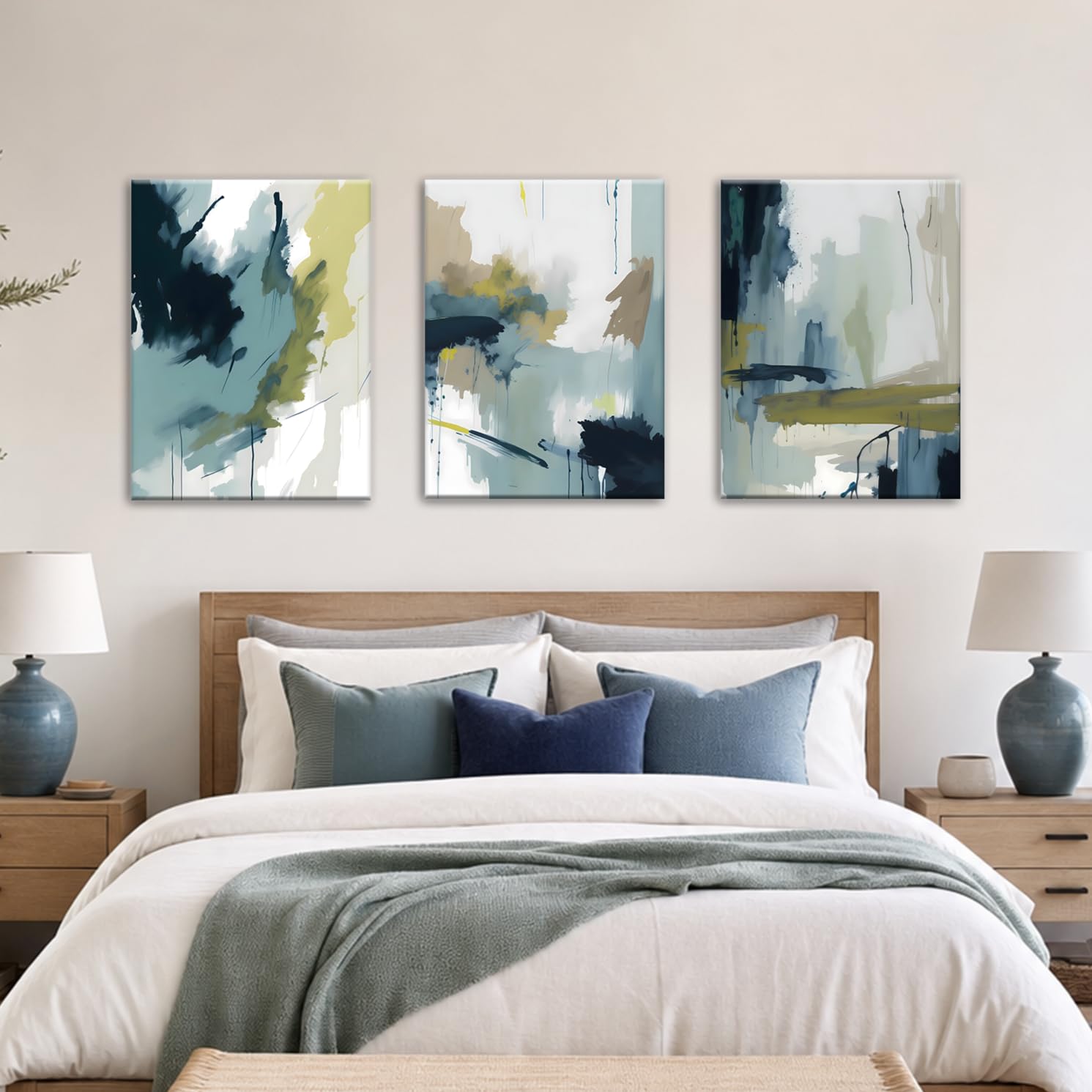 Motivilla 24x16 In Canvas Wall Art Set of 3, Blue Abstract Watercolor | Easy to Hang Canvas,Neutral Brush Stroke Watercolor For Bedroom, Living Room, Bathroom, Office Or Dorm Abstract Blue 24 x 16 in Canvas