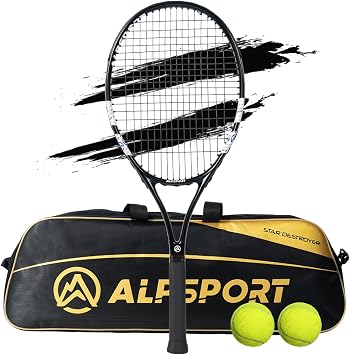 ALP 27 Powerful Head Heavy 4 3/8 in Grip Tennis Racket for Adults, Durable Pre-Strung Racquet with 1 Carrying Bag and 2 Tennis Balls, Outdoor Recreational Sport Raket for Beginner