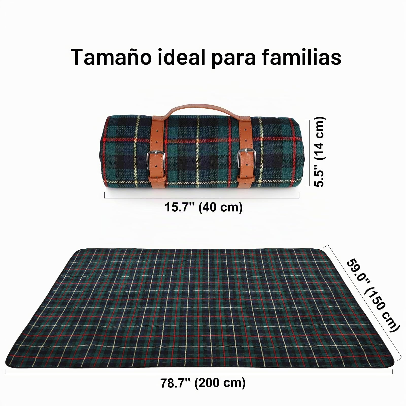 Ben & Bel Manta de picnic familiar resistente al agua y a la arena, plegable y portátil con mango de cuero sintético para viajes al aire libre, actividades de ojo verde cuadrado, 150 x 200 cm XL