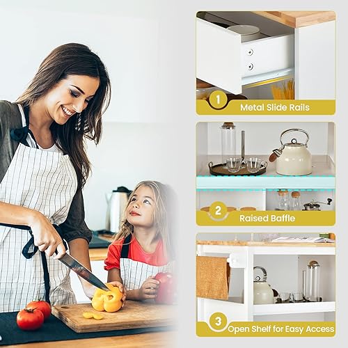 Miniatura 9 de Isla de cocina blanca, carrito de almacenamiento rodante con parte superior de madera de goma, cajón, estantes abiertos y toallero, carritos de