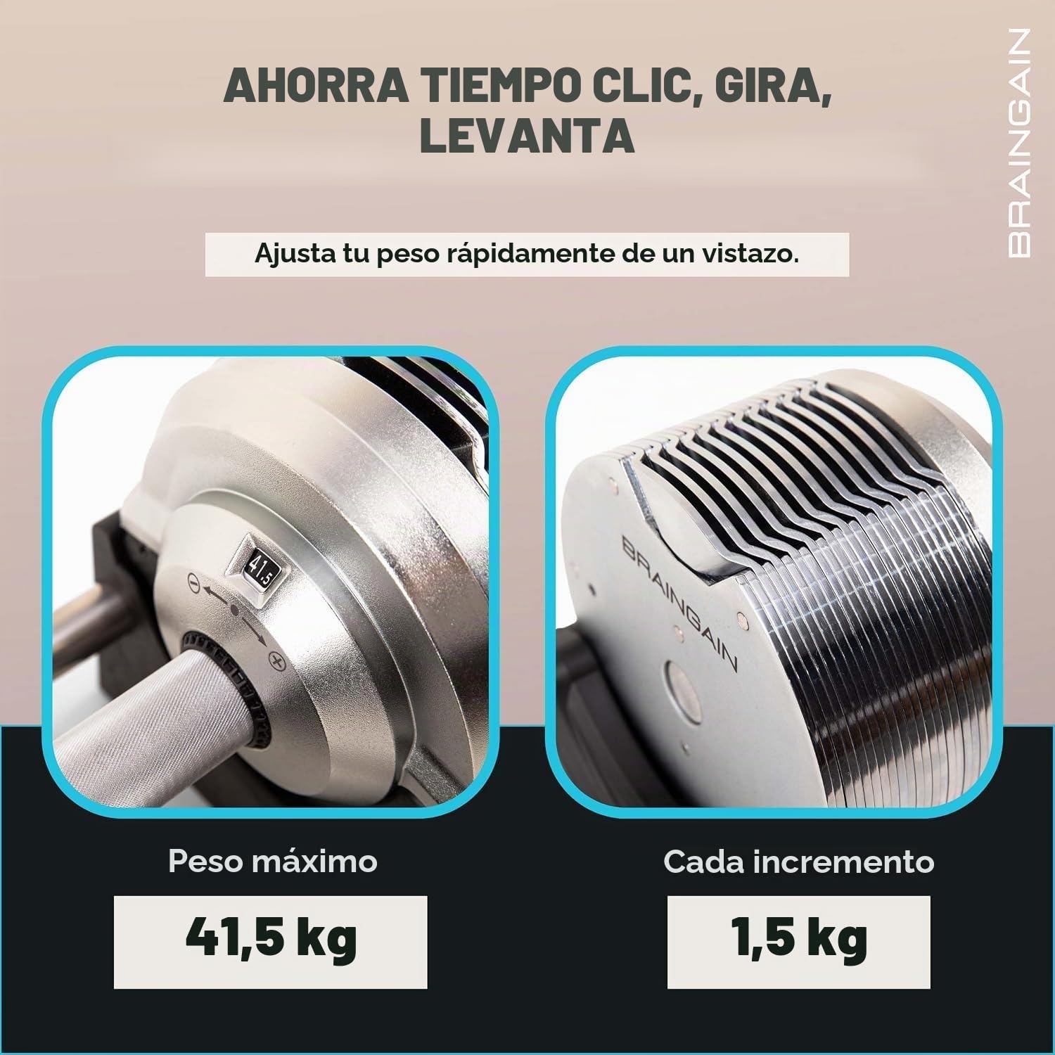 Mancuernas ajustables BRAINGAIN – 23,5 kg, 32,5 kg, 41,5 kg – Cromado – Mancuernas versátiles para el entrenamiento de fuerza en casa, con soporte.