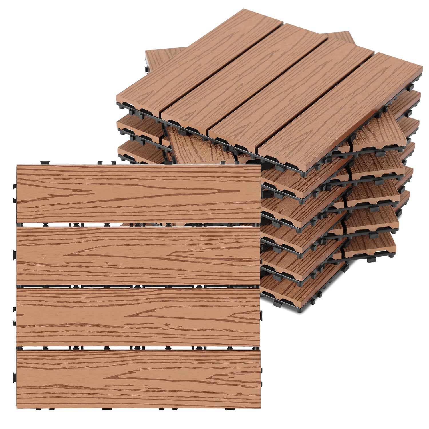 Piastrelle in WPC, 30 x 30 cm, effetto legno, set da 33 pezzi, per 3 m², per balcone con drenaggio, impermeabile e antiscivolo, marrone