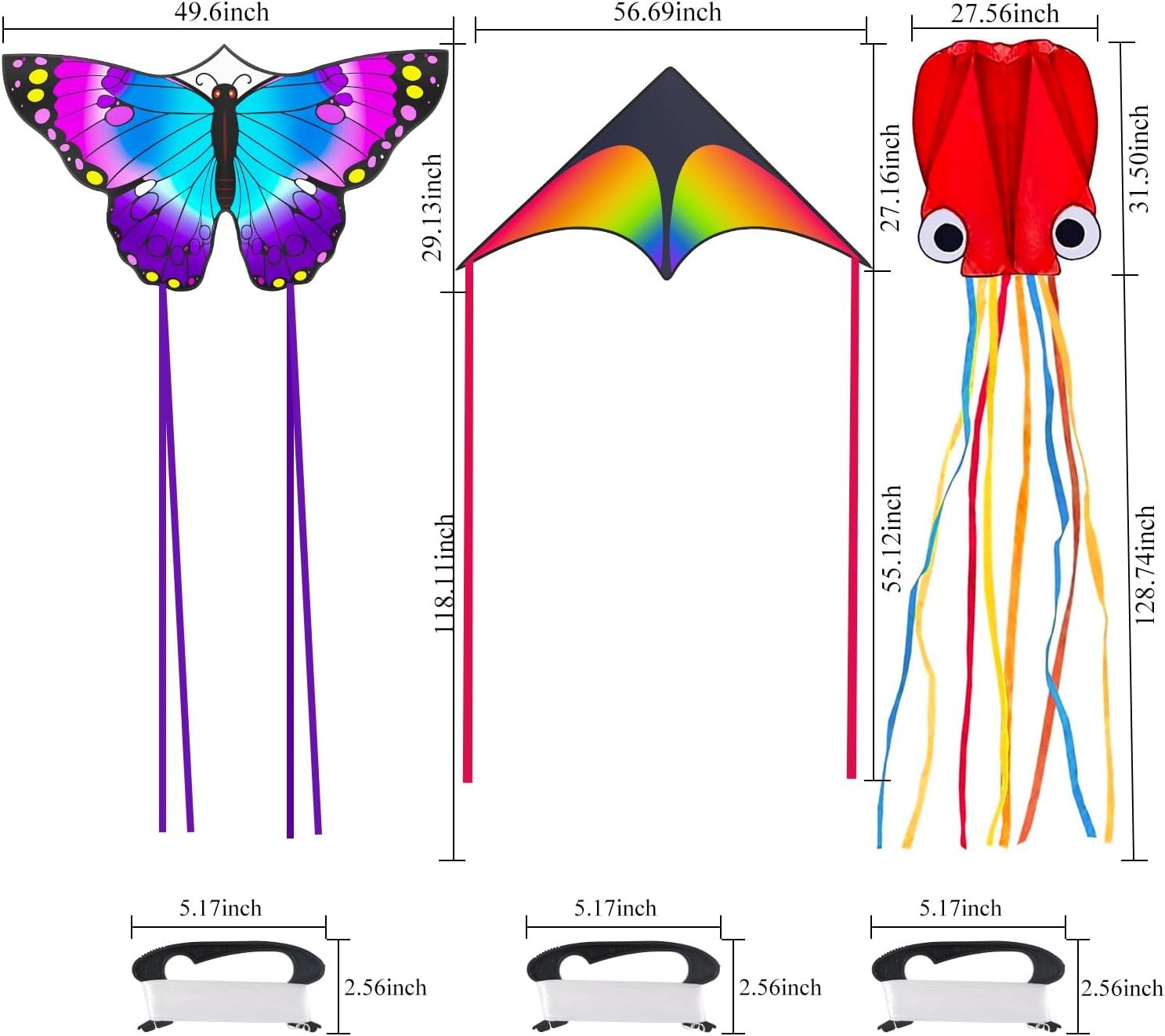 3 Pack Kites, Gifts for Easter, Kite for Kids 4-8 8-12, Puple Butterfly, Colorful Delta and Red Octopus with String Kite for Kids Girls Boys