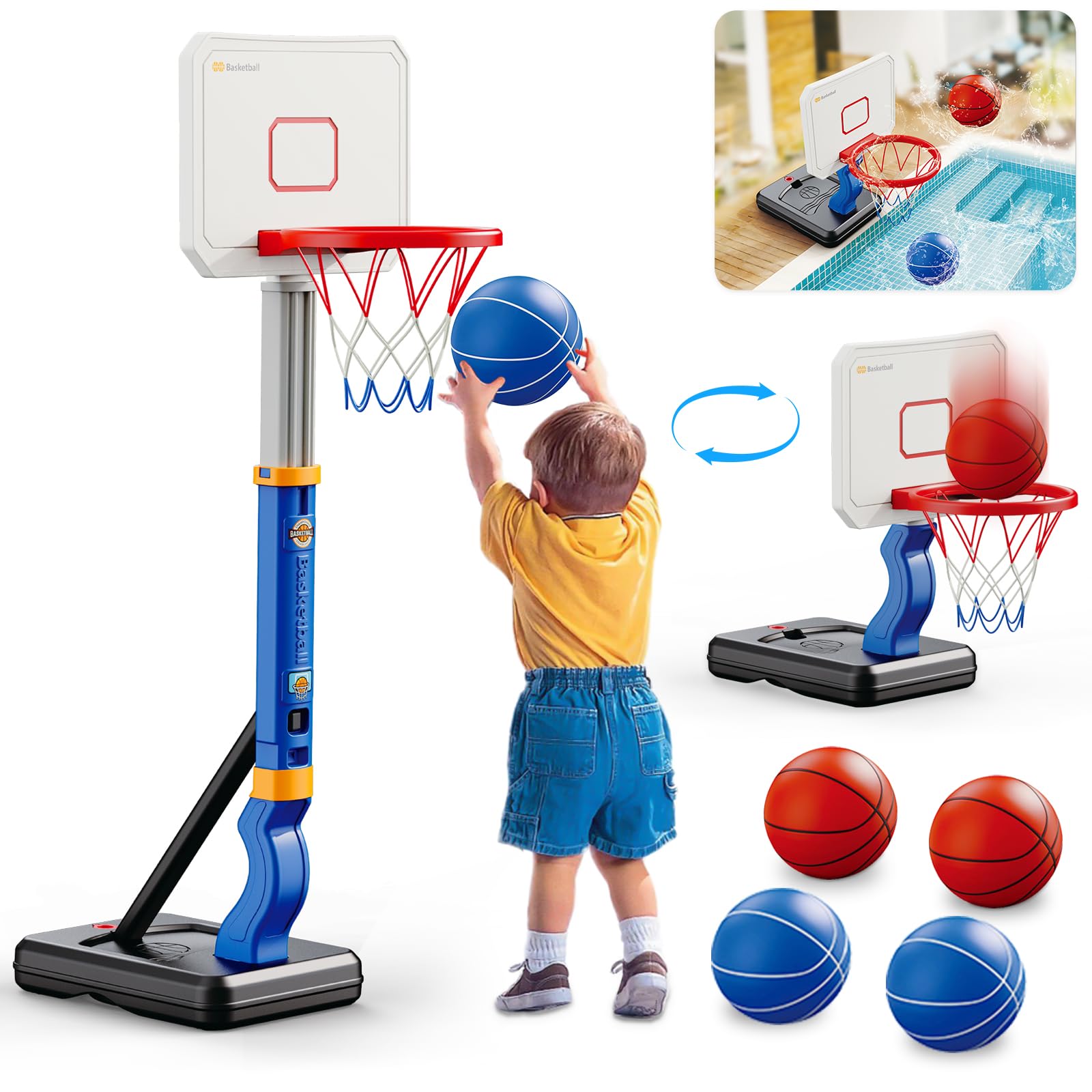 Dollox Toddler Basketball Hoop Set, Indoor Mini Poolside Basketball Stand Height Adjustable Outdoor Basketball Toys with 4 Balls, Pump for Kids Age 3 4 5 6 Birthday Gifts