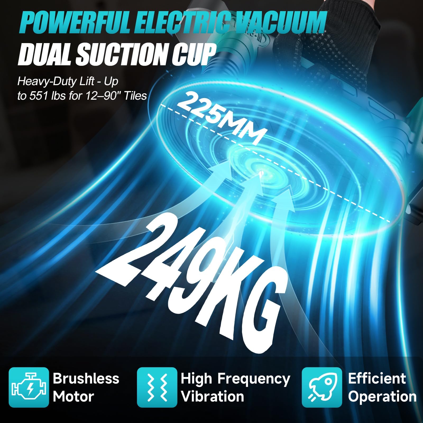 2 in 1, vibratore per piastrelle e ventose Compatibile con batteria Makita, con batteria da 2 x 1,5 Ah, vibratore per piastrelle, 24000 giri/min, 9 marce, potenza di aspirazione 400 kg per piastrelle