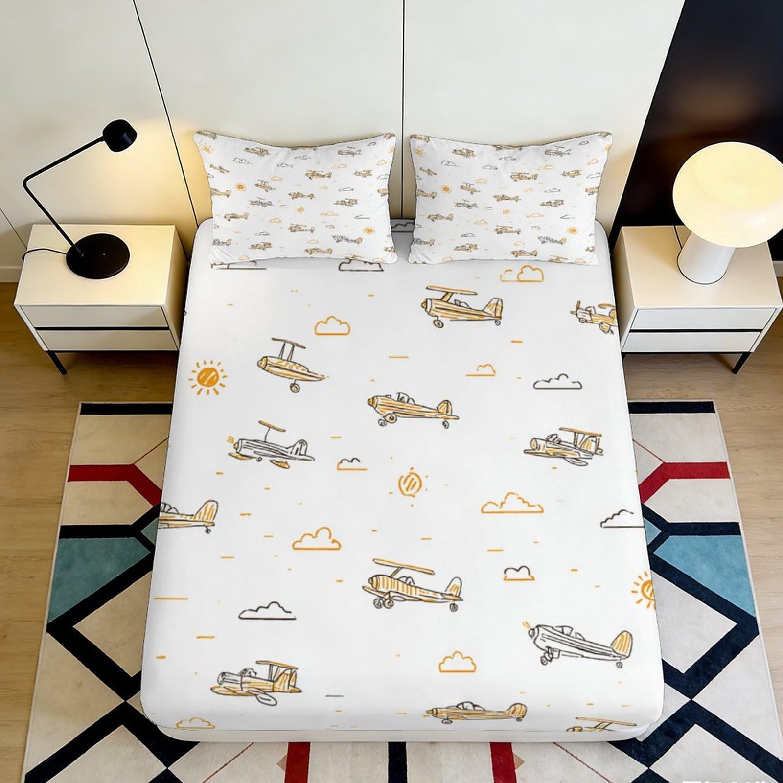 3D Printed Airplane Fitted Sheet Microfiber Deep Pocket Bedroom Bedding Elastic Hem Airplane Mattress Fitted Cover Adult Teen 160x200x25cm