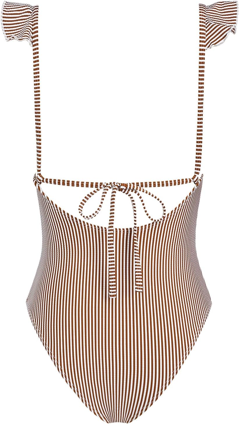 seamoly Vintage Striped Ruffles Trim Tied Plunging Neck One-Piece Swimsuit