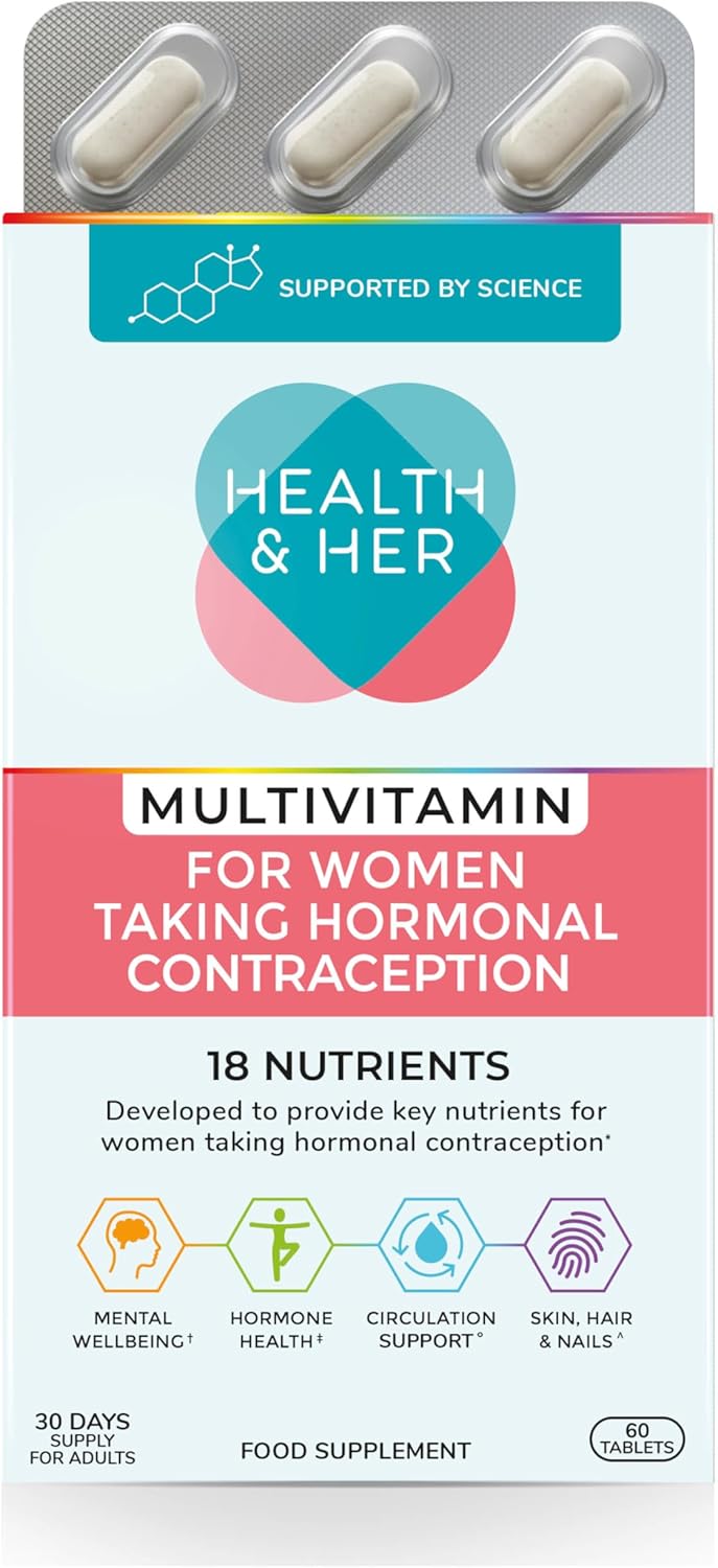 Health & Her Multivitamin Supplement for Women Taking The Pill – Nutrition Support for Women & Teen Girls on Hormonal Contraception – 1 Month Supply, 60 Tablets – Vegetarian & Gluten Free