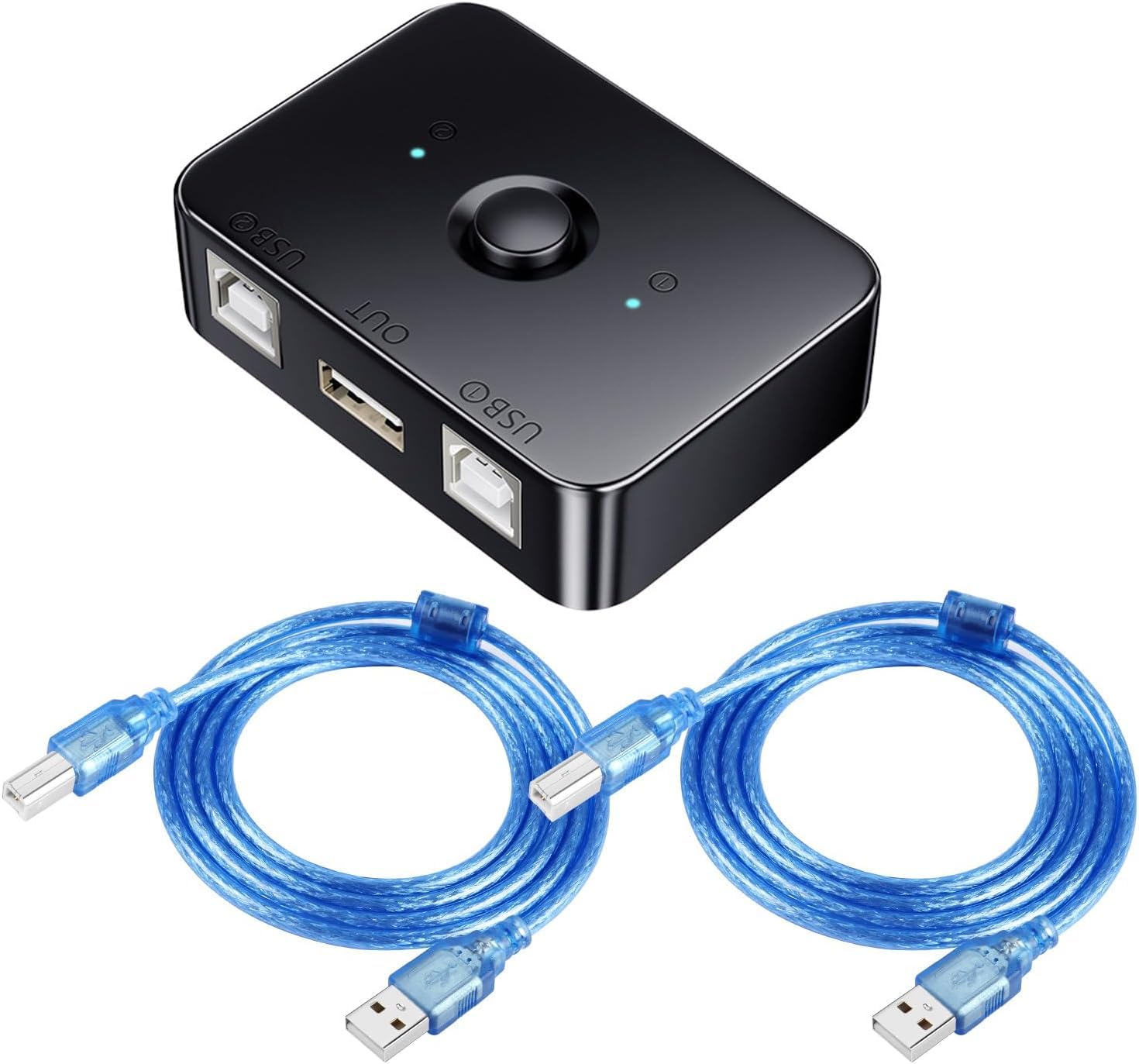 Azonee Usb2.0 Printer Sharer Switcher, 2 Port Usb B Print Selector Switch Adapter with LED Light, 2 Computers Share 1 Printer Manual Switching, Including 2 * 1.5m Usb2.0 Printer Cables