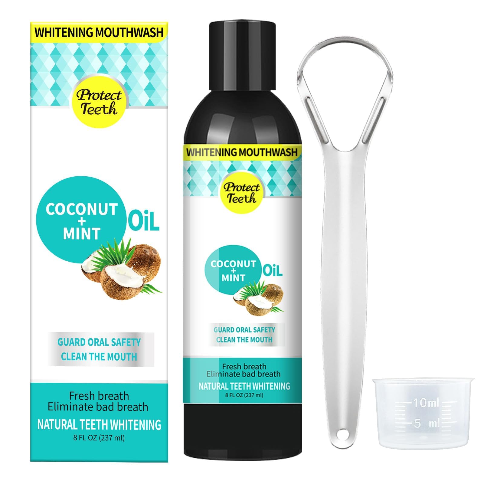 Coconut Pulling Oil, Mint Oil Pulling Mouthwash, Natural Alcohol Free Teeth Whitening & Gum Health, Fresh Breath, Including Tongue Scrapper and Measuring Cup(8 fl. 0z)