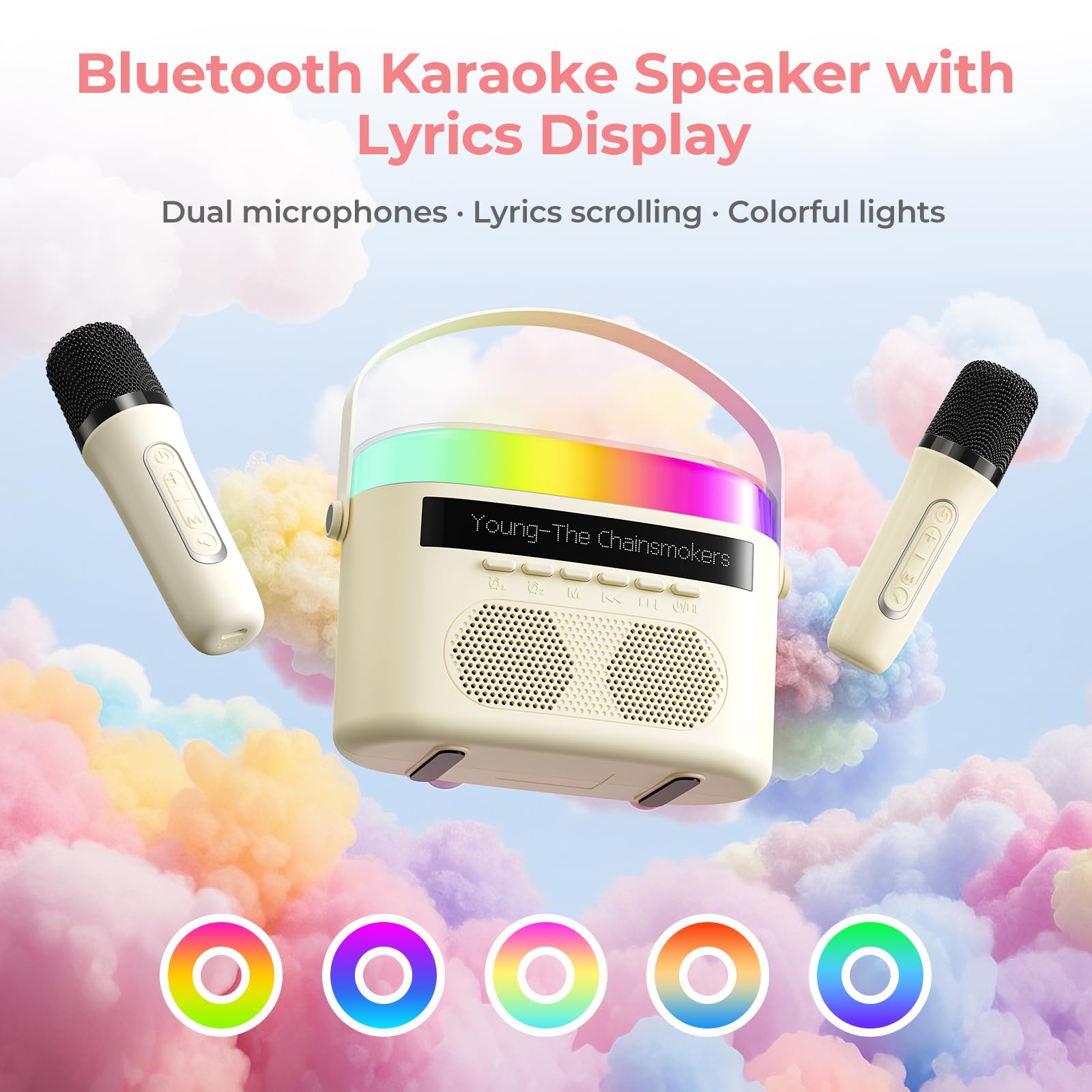 Portable Karaoke Machine for Adults Kids, Built-in Lyrics Display and RGB Lighting, 2 Self-Charging Wireless Microphones,Connects to TV for Home Party Birthday Outdoor Camping