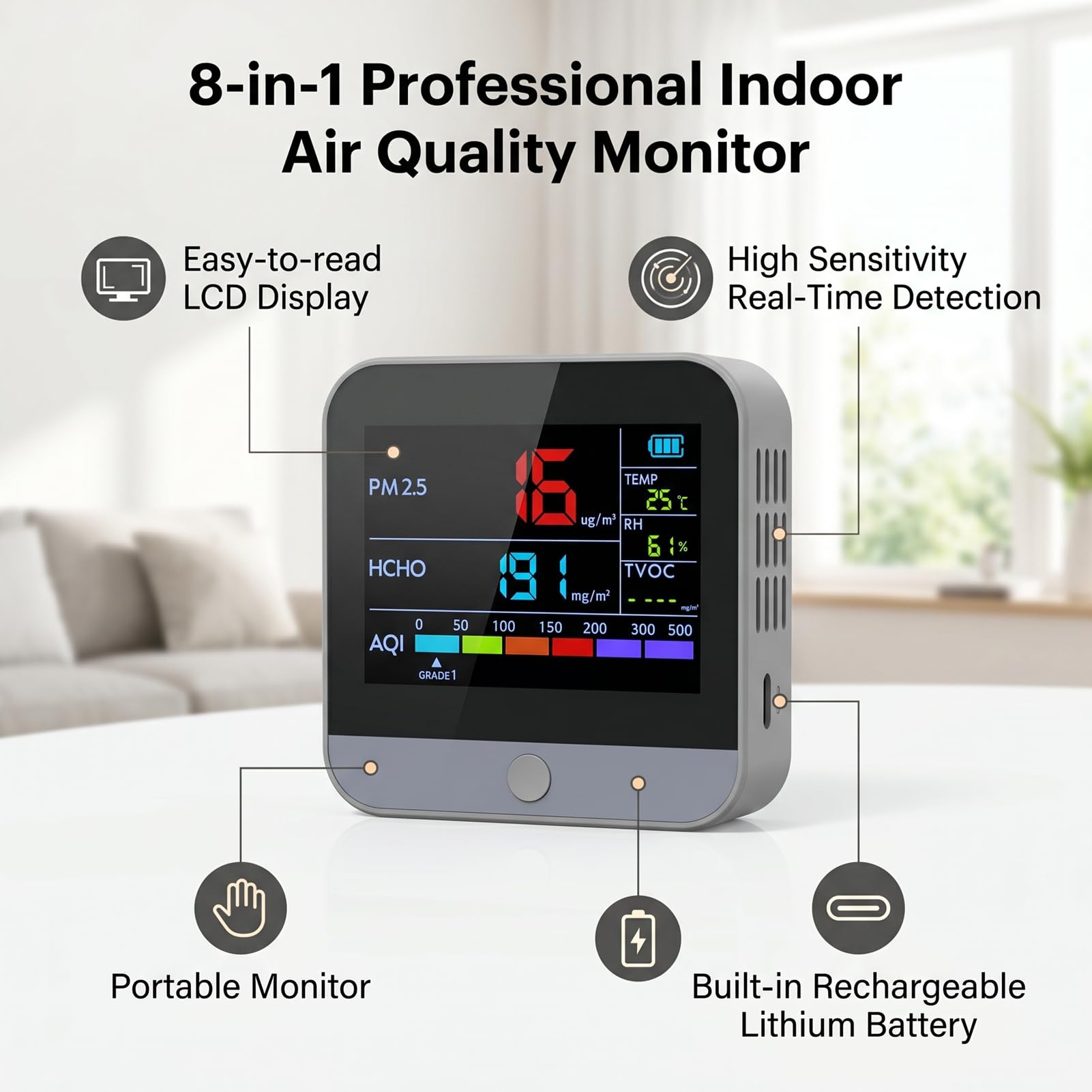 Fafeicy Luftqualitätsmonitor Tragbarer Lufttester für Zuhause, Grau