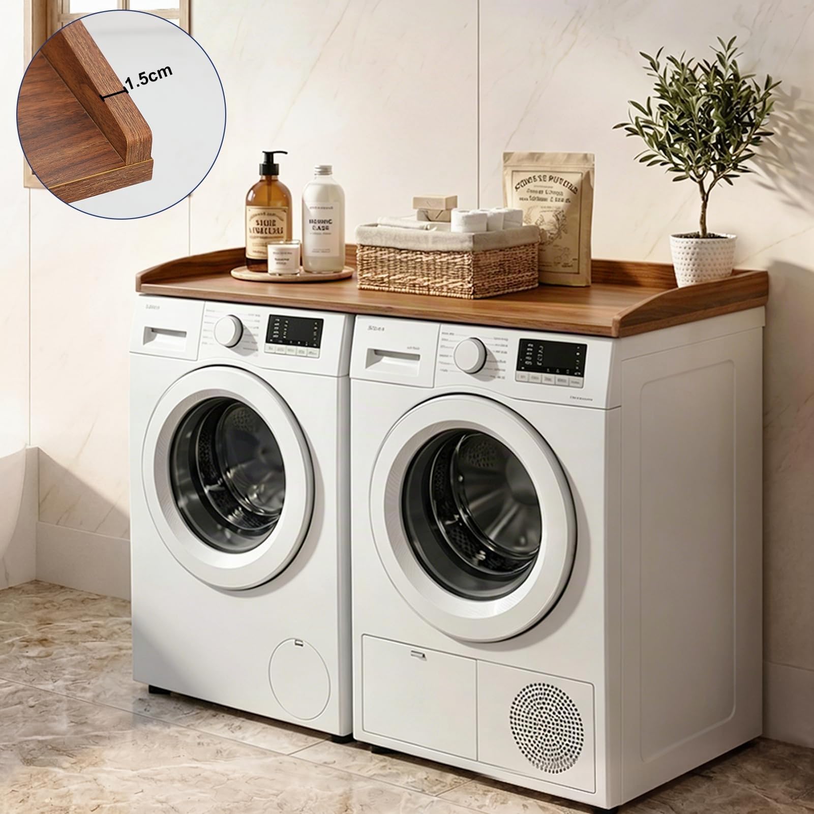 Encimera Lavadora y Secadora 120x60, Encimera Lavadora Madera, Washer Dryer Countertop, Impermeable, Resistente a los Arañazos, Instalación Rápida para Lavadora y Secadora, Hasta 50 kg (Nogal)