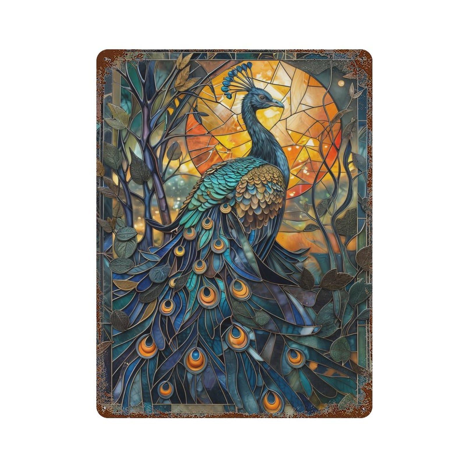 Radiant Stained Peacock 15.7"x11.8" Decorative Tin Sign, Classic Wall Plaque for Cafe, Home Bar And Lounge Decor
