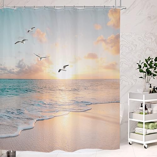 Miniatura 4 de Cinbloo Ocaen - Cortina de ducha de playa, puesta de sol costera, amanecer, pájaro, hawaiano, tropical, juego de cortinas de baño junto al mar,