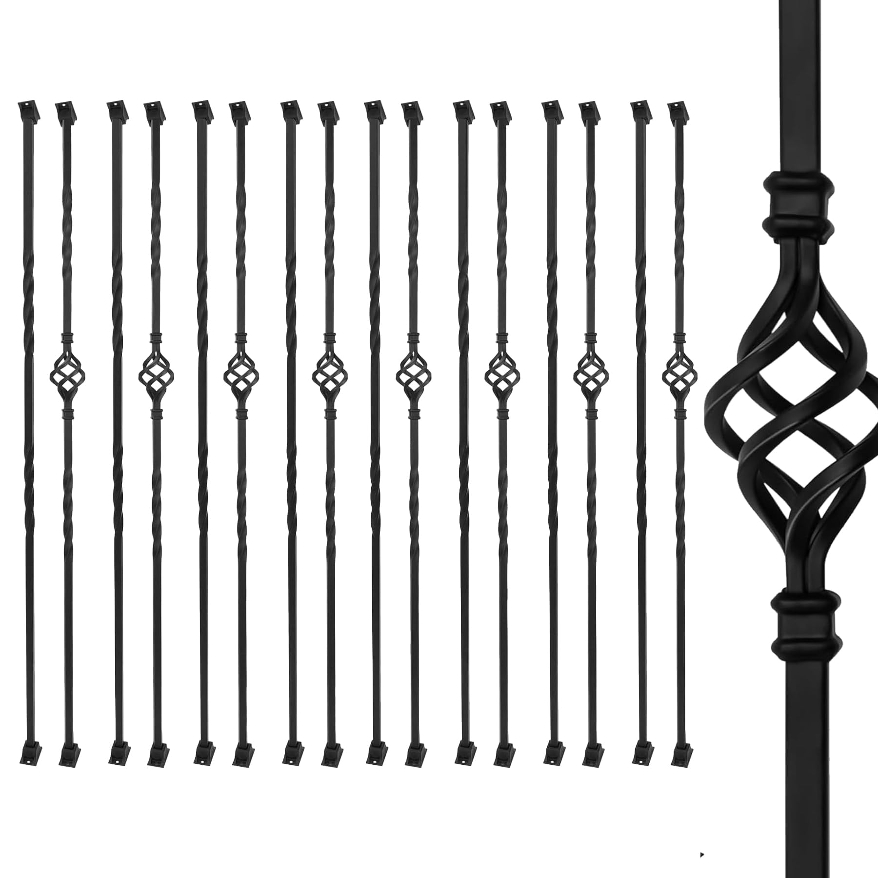 16 Pack Wrought Iron Stair Balusters – 44" Hollow Single Basket & Double Twist Design, 1/2" Square Black Metal Spindles with 32 Swivel Shoes for