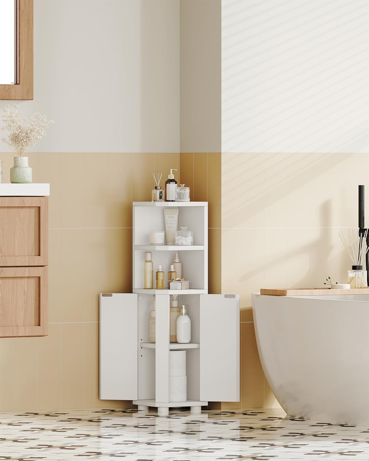 Corner Cabinet, Small Bathroom Corner Cabinet with Doors, Narrow Storage Cabinets with Adjustable Shelves, Bathroom Organizers and Storage for Small Space, White BC20003X