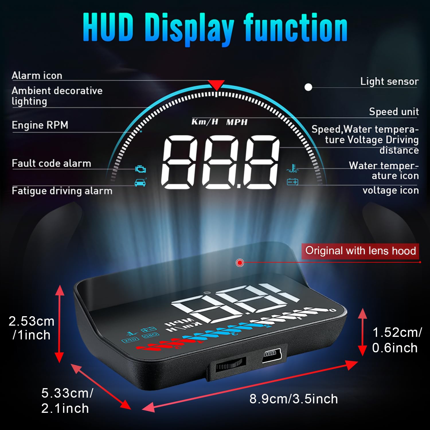 Wyświetlacz HUD samochodowy OBD2 i HUD Wyświetlacz podwójny GPS, prędkościomierz samochodu Tachometer temperatury wody Alarm bezpieczeństwa silnika dotyczący wszystkich pojazdów