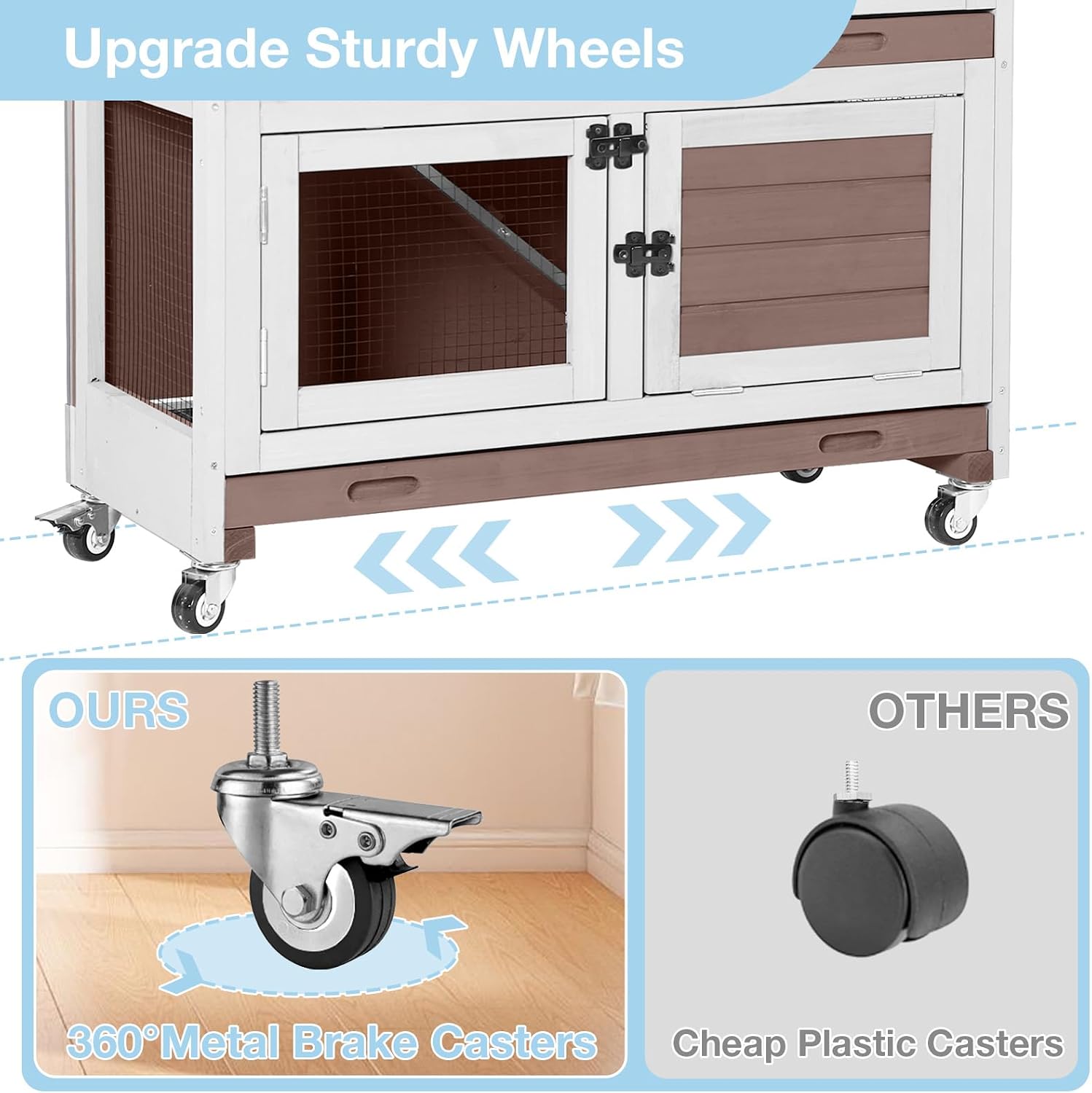36’’ Wooden Rabbit Hutch Indoor or Outdoor, 2 Story Rabbit Cage with 2 Leak Proof Trays, Mobile Bunny Hutch with Wheels, Anti-Chew Ramp for Guinea Pig (Brown)
