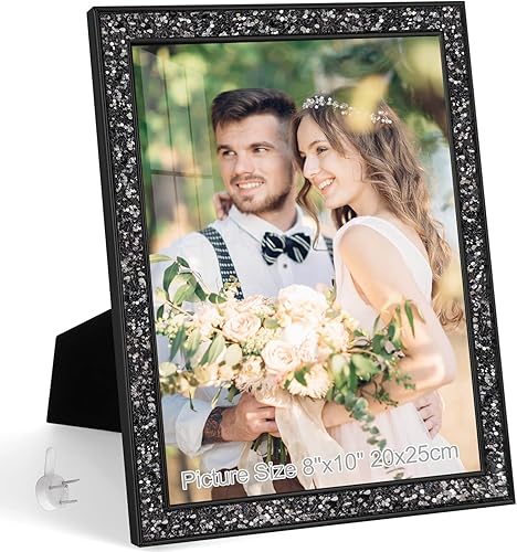 Vista 46 de Portarretratos de 5 x 7 pulgadas con purpurina, marcos de fotos negros de 5 x 7 pulgadas con cristal real HD, para pared o mesa, regalo de boda