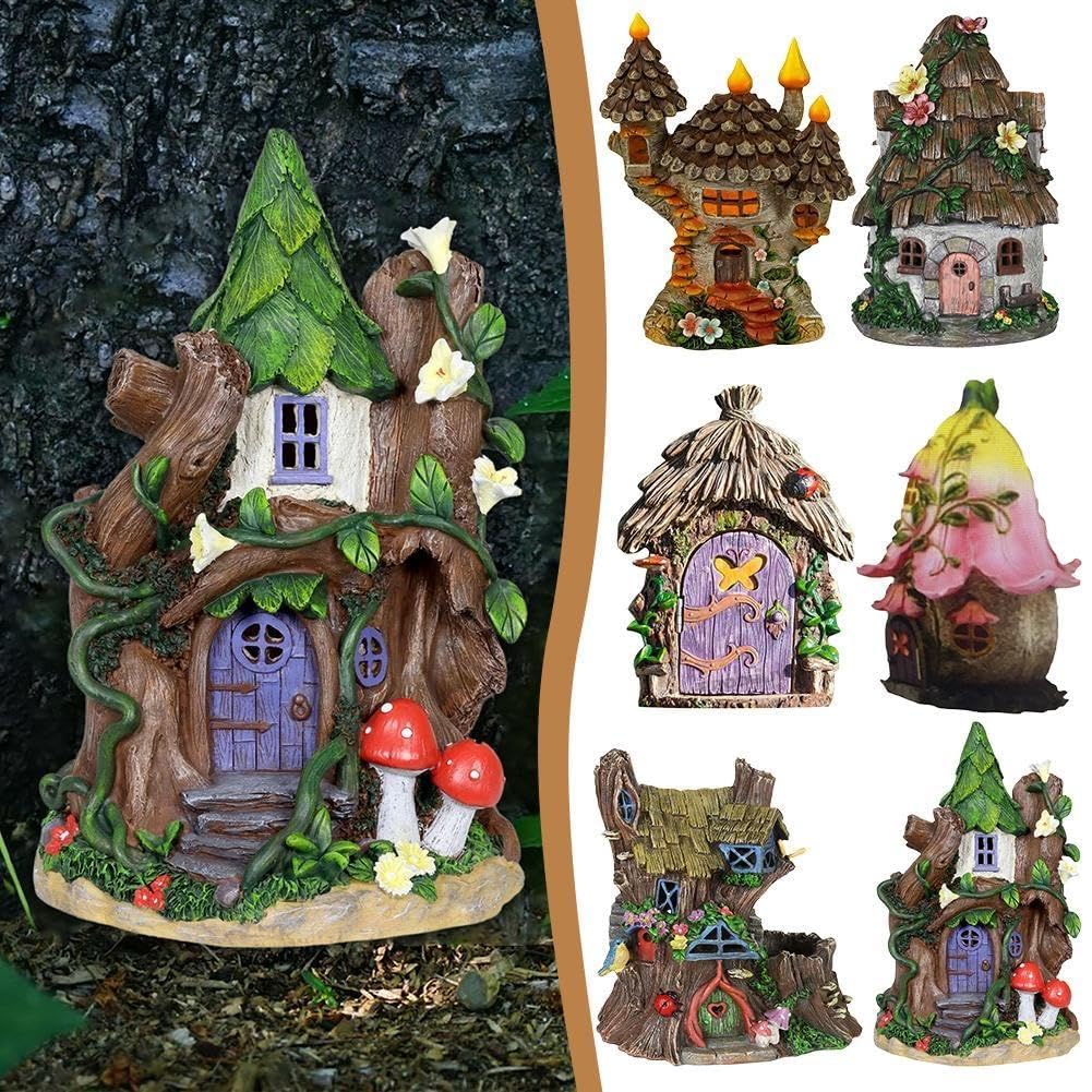 Maisons de jardin féériques miniatures Figurines de fées statues pour ornements extérieurs Cour Accessoires en bois Sculpture