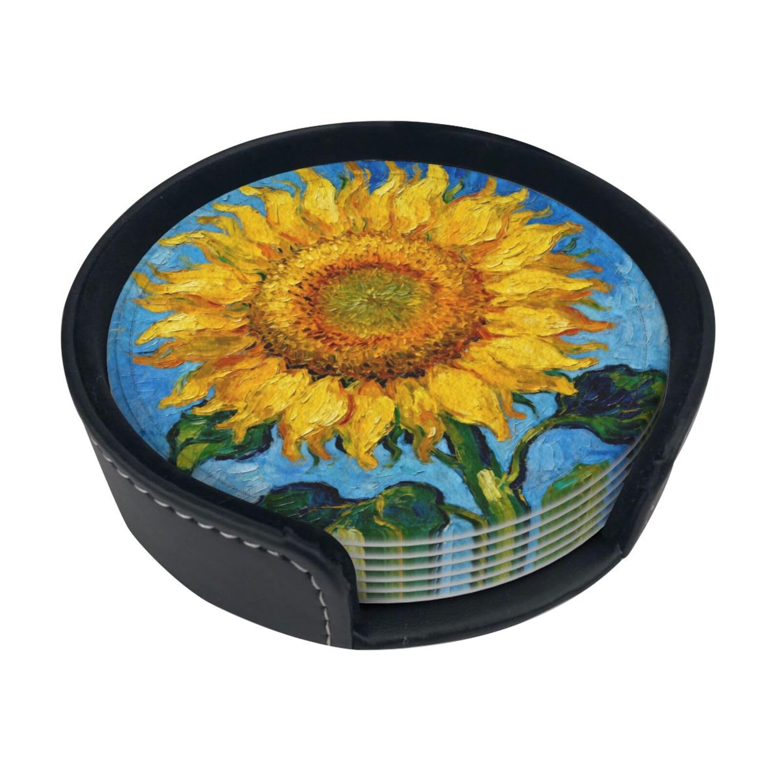 Cntdbu White Sunflower Blue Sky Leather Coasters Set Of 6-Pu Leather Drink Mats For Table, Heat Resistant Round Coasters With Holder