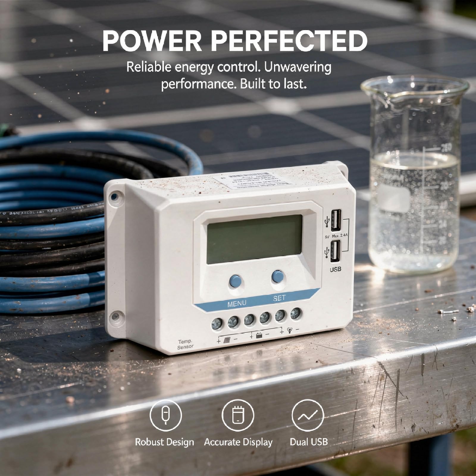 Solarny regulator ładowania, 12 V, 24 V, automatyczne wykrywanie, system PV 10 A, 40 A, Power Manager z 2 portami USB, LCD z podświetleniem, obudowa ABS do domu, przyczepy kempingowej i pracy na