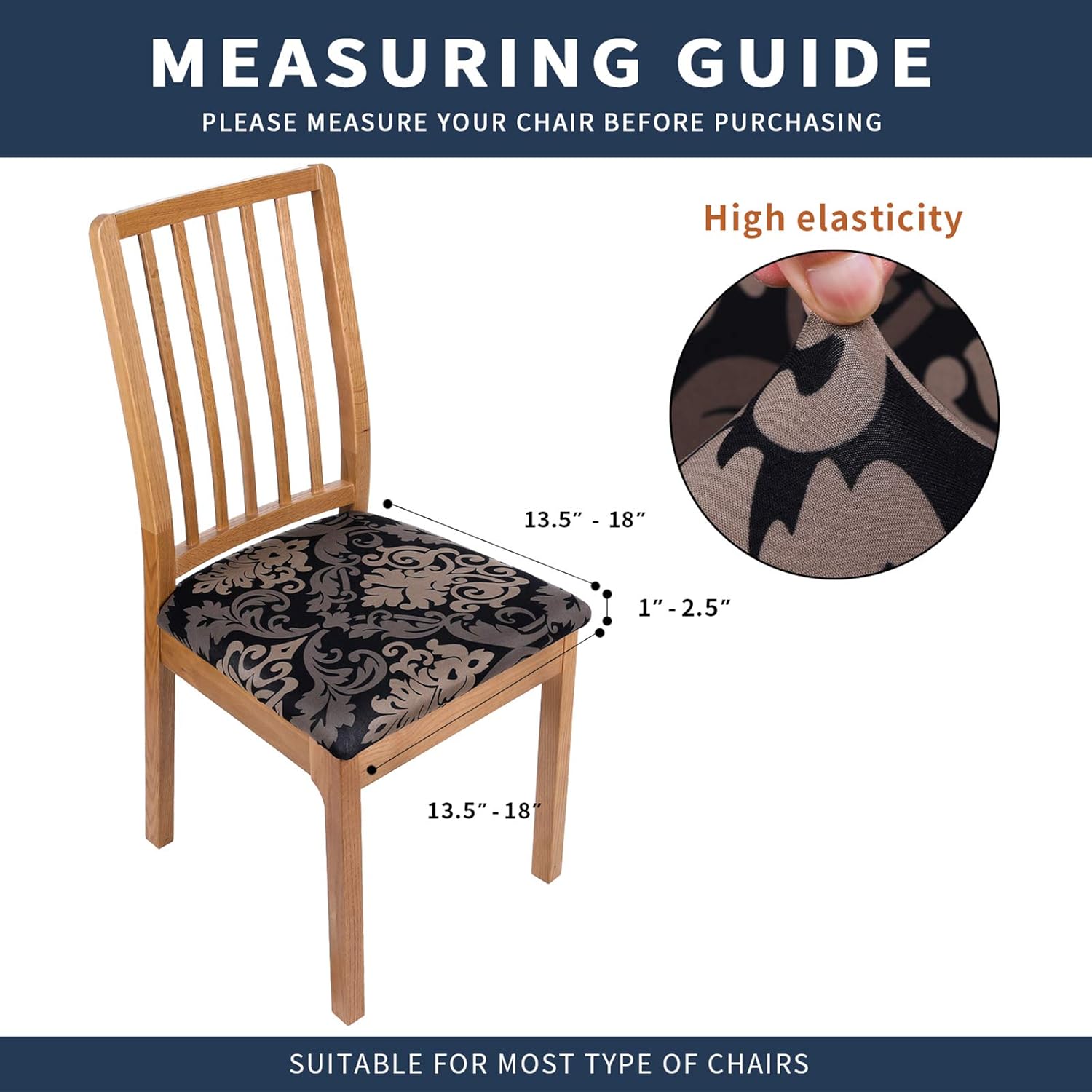 Super Brands Smiry Printed Dining Chair Seat Covers - Stretchy Removable Washable Upholstered Chair Seat Slipcover Protector (Set of 6, Black Flower)