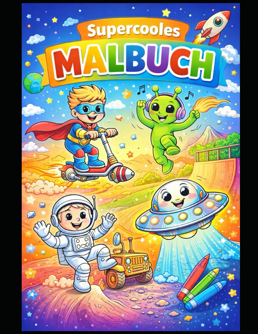 Supercooles Malbuch – Action, Spaß & Abenteuer: Lustige und kindgerechte Ausmalbilder mit Fahrzeugen, Dinos, Weltraum, Sport, Rittern und Helden (Supercoole Abenteuer-Malbücher)