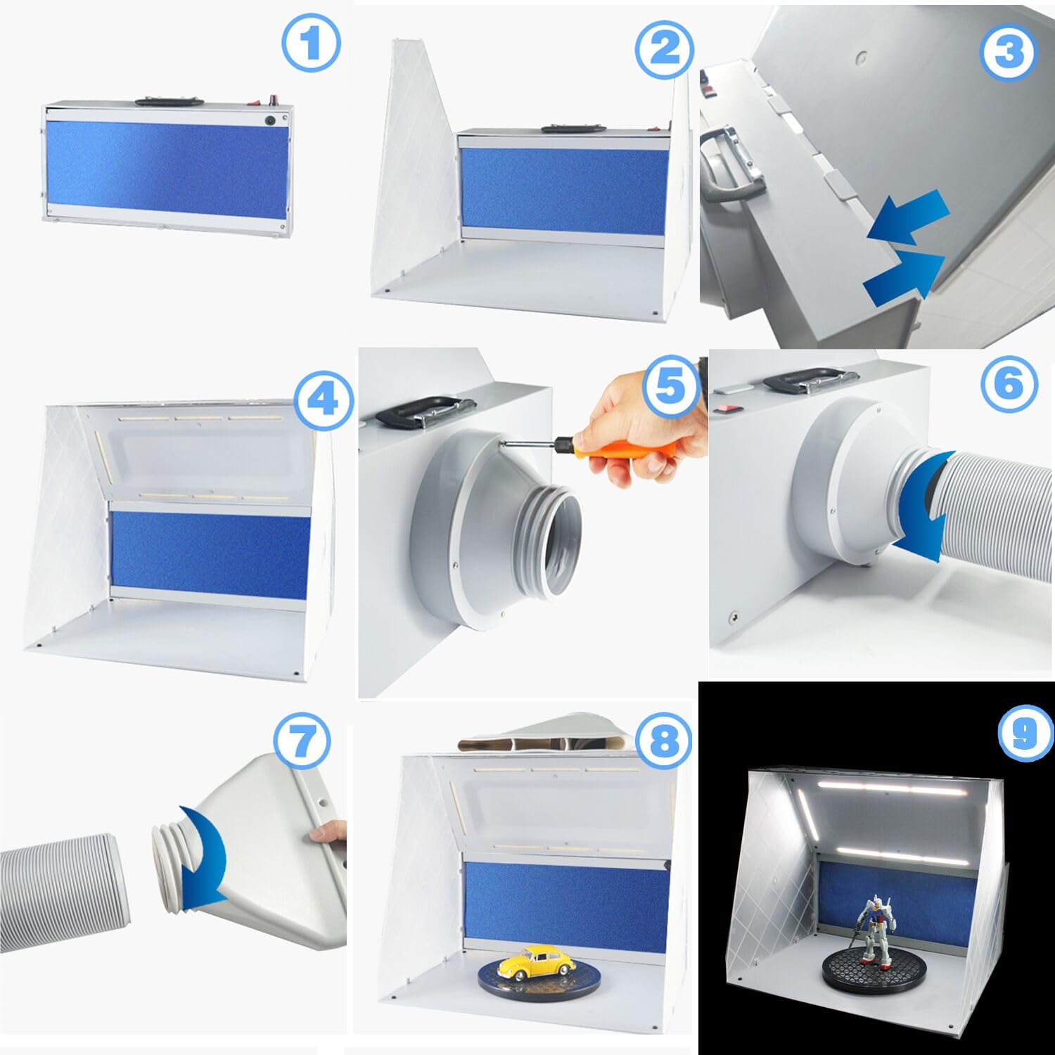 ABEST Cabina de pulverización para aerógrafo, cabina de pintura con ventilador ajustable de 5,1 m³/min y luz LED, manguera de extensión de salida de aire de 5 pies, filtro de 2 capas para pintar todo