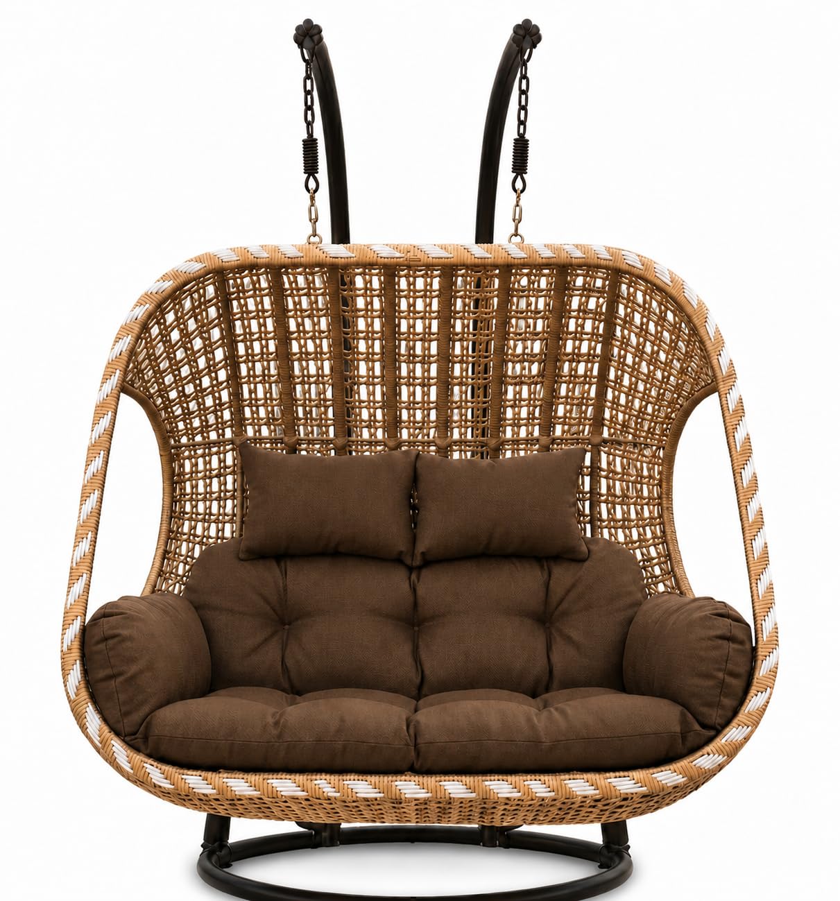 Outdoor Hanging Egg Swing Chair, Brown Wicker Basket Seat, Patio Hanging Chair, Garden Balcony Swing Seat, Indoor Outdoor Lounge, Relaxation Seating for Home, Brown Cushions-image-23